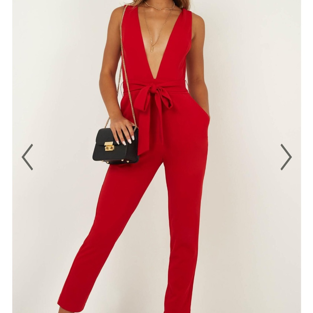 Red Deep V Jumpsuit